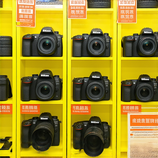 Nikon相機及鏡頭展示架，包含多款產品，配有促銷標籤，吸引顧客探索超值價格與專業服務，背景為香港的標誌性景點，展示當地優惠資訊。