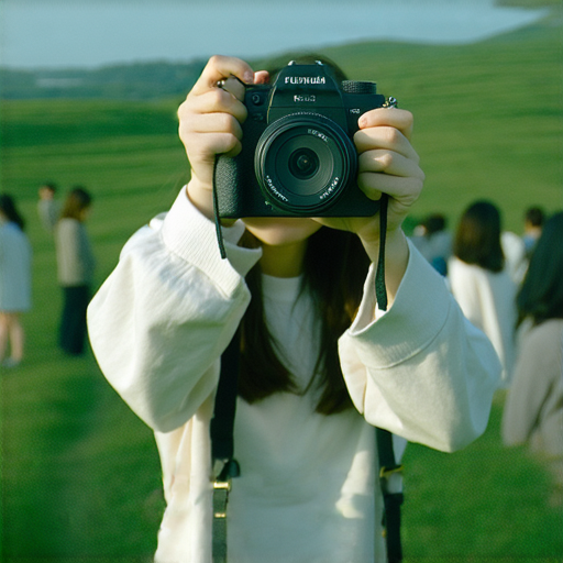 Fujifilm相機展示，強調即影即有的魅力，背景為攝影愛好者在戶外拍攝，手持相機捕捉瞬間，呈現最佳推薦與使用秘訣的情境。