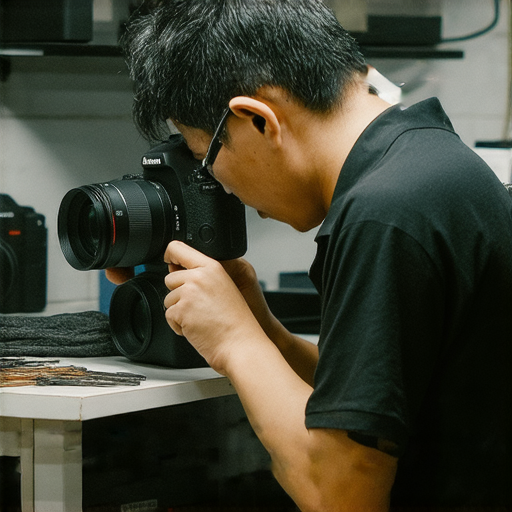 深水埗與旺角的專業相機維修店鋪內景，技師正在檢查數碼相機，展示精湛技術，讓您的數碼相機重返青春的秘訣。