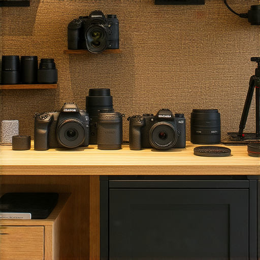 香港專業相機維修服務的精緻工作台，技術人員專注維修相機，提供攝影愛好者的專業服務，清晰可見各類攝影設備及工具。