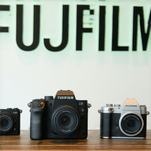 專業級即影即有相機展示在桌面上，背景為Fujifilm品牌標誌，吸引目光的熱銷款式與配件，彰顯出高品質與專業服務的體驗，讓您立刻想要擁有。