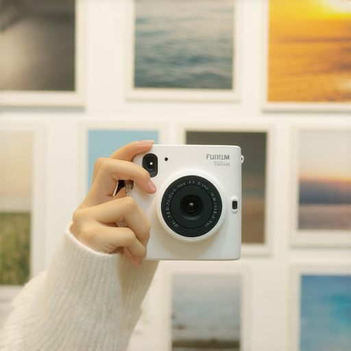 探索Fujifilm相機即影即有的魅力，一台新型號的相機展示著瞬間拍攝的清晰照片，背景是攝影作品的展覽，體現出創意與攝影的無限可能。