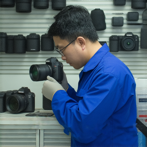 專業維修服務的技術人員正在深水埗或旺角檢查相機，工具和零件整齊排列，為相機故障提供快速修復方案，讓攝影愛好者重拾拍攝樂趣。