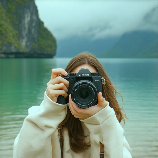 探索Fujifilm魅力的即影即有相機，展示攝影師手持相機拍攝精彩瞬間，背景是美麗風景，凸顯即時攝影的樂趣與魅力，讓每一次快門都成為珍貴回憶。