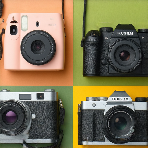 Fujifilm相機展示，包含即影即有相機與經典菲林相機，呈現其獨特魅力和多樣化攝影風格，適合攝影愛好者探索不同拍攝方式與創意。