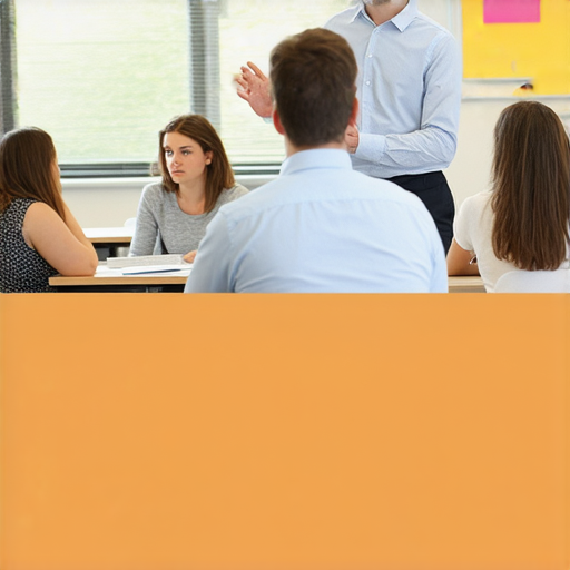 提升商業英語能力的全面商務英語課程介紹圖片，顯示專業教師授課畫面，學員認真聆聽，教材內容涵蓋商務溝通、會議技巧及書寫能力，旨在強化商業英語實用性。