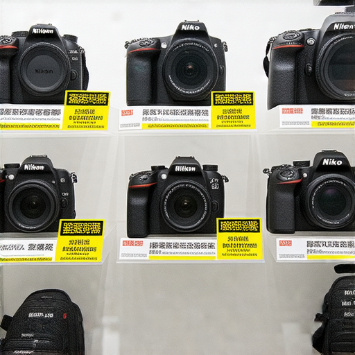 香港Nikon相機展示，包含不同型號及價格標籤，背景有水貨、保養與電池購買相關資訊，揭示市場秘密，吸引攝影愛好者探索佳品與交易。