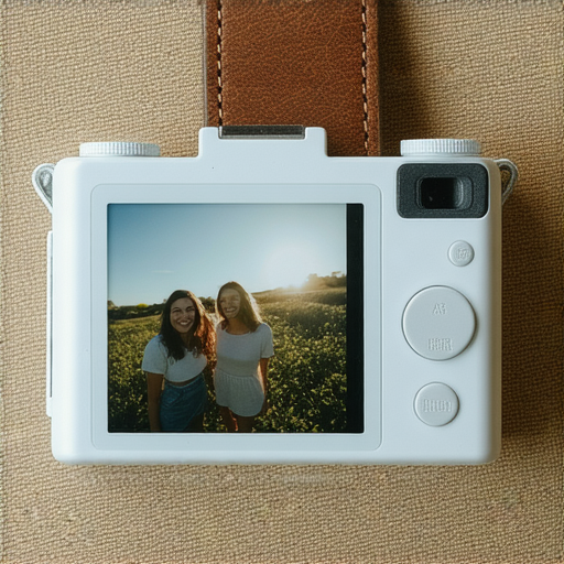 瞬間掌握美好的Fujifilm相機展示，強調即影即有的魅力，旁邊有美麗的風景和笑容的模特，展現攝影帶來的快樂與藝術感，豐富的色彩與細節。