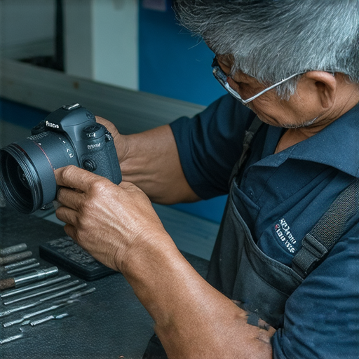 深水埗與旺角的相機維修專家正在檢查一台數碼相機，專注於修復與保養服務，幫助相機重返完美狀態，讓用戶重新享受拍攝樂趣。