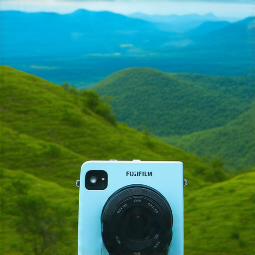 Fujifilm即影即有相機展示在戶外，背後是壯麗風景，吸引人們探索攝影世界，展現即時影像的魅力與創意，帶來奇妙旅程的體驗。