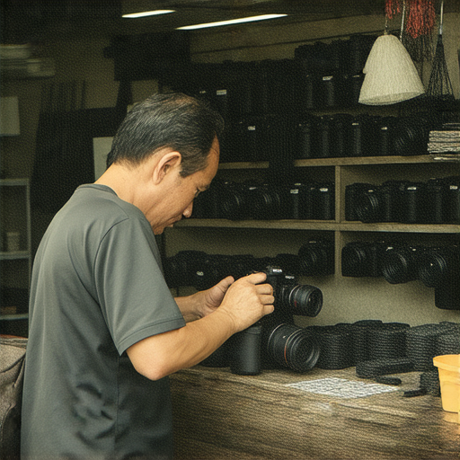 深水埗旺角相機維修店內景，技術人員專注修理數位相機及舊款相機，展示香港相機維修全方位指南及專業服務。