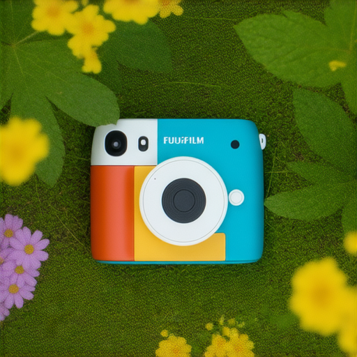 Fujifilm即影即有相機展示在自然背景中，捕捉生活瞬間的特點，色彩鮮豔，設計時尚，適合旅行和日常拍攝，鼓勵用戶立即探索相機的魅力。