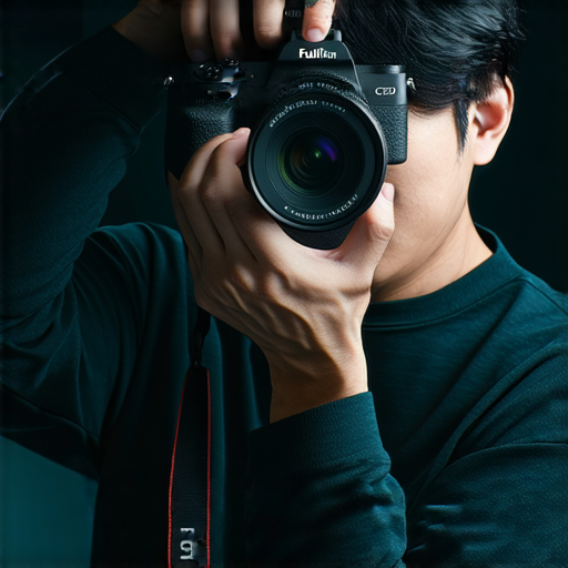 Fujifilm相機特寫，展示其獨特設計和高畫質功能，攝影師專注拍攝，環境下的專業服務，揭示即影即有的魅力。