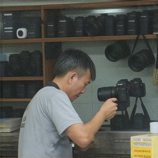 深水埗旺角相機維修店內部，技術人員專注於數碼相機維修，展示各種維修工具與設備，適合尋求相機維修推薦的客戶。