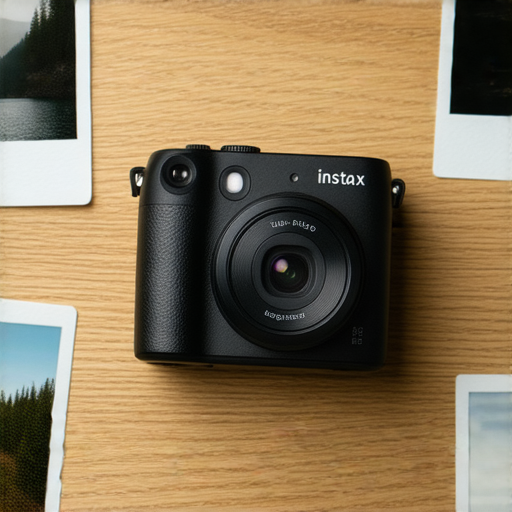 富士即影即有相機展示於桌面上，旁邊擺放著攝影新手拍攝的照片，背景為柔和的自然景色，強調這款相機的便捷性與創意，適合攝影新手使用，凸顯富士攝影的獨特風格。