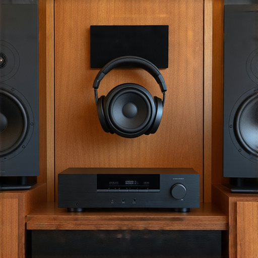 一組高品質音響箱展示在音樂室中，強調選擇適合的音響箱對提升音質的重要性，搭配音樂播放器和耳機，傳遞極致音樂享受的概念。