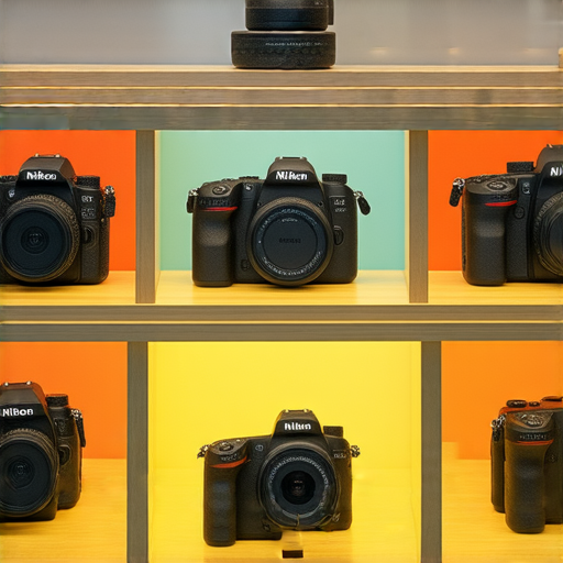 Nikon相機展示圖，包含各型號與配件，背景為香港著名商城，吸引用戶探索最優惠價格及專業保養秘訣，激發購買欲望。