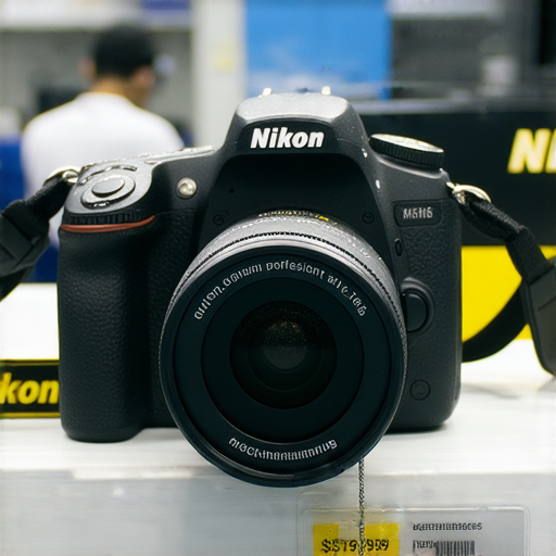 Nikon相機展示在香港專賣店內，產品價格標籤清晰可見，背景中有專業的維修服務人員，突顯專業保養服務與實惠價格的結合。