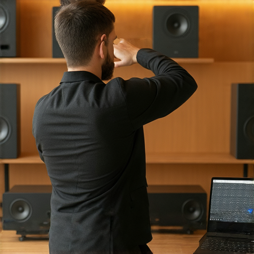 專業音響服務場景，技術人員調整音響箱，展示聲音潛力，讓客戶體驗專屬音質，解鎖音響箱的最佳音效，探索更多音響解決方案。