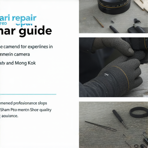 相機維修選擇指南封面，展示深水埗及旺角的推薦維修店鋪，圖中包含相機工具及維修技師，強調專業服務與品質保證，適合攝影愛好者尋找維修方案。