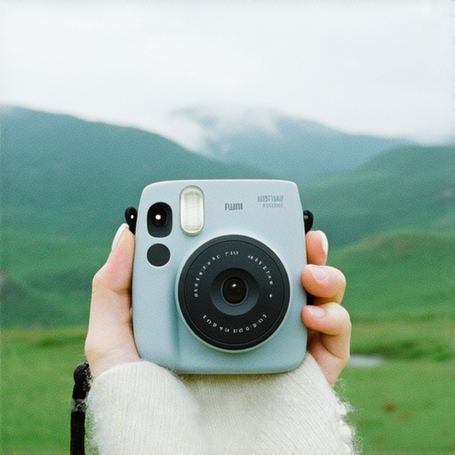 富士即影即有相機展示在自然環境中，背景是美麗風景，鏡頭聚焦在相機特寫，突顯其優雅設計和使用便捷，吸引攝影愛好者探索攝影夢想，立即體驗即影即有的魅力。