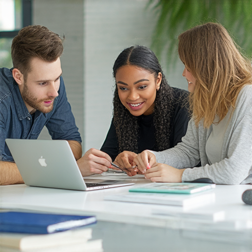 商業英語課程學員在職場中互動，專注學習提升競爭力與溝通技巧，環境設有教學資源與工具，展現專業氛圍，助力職場發展。