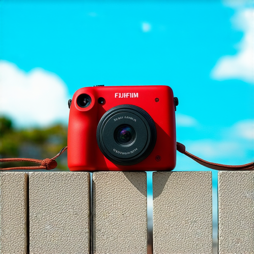 Fujifilm即影即有相機展示於戶外場景，捕捉瞬間的創意照片，強調專業服務與即時影像享受，適合攝影愛好者與家庭使用，提升拍照體驗。