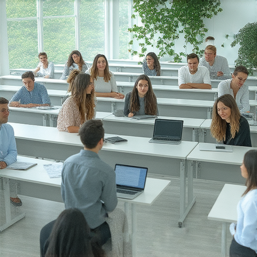 專業商業英語課程與商務英語課程的學員在教室中互動學習，提升職場競爭力，展示多樣的學習資料及工具，展現專業素養與團隊合作精神。