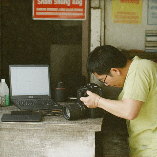 相機維修工作坊內景，技師專心檢查數碼相機，桌面上擺放著工具和配件，背景顯示深水埗和旺角的維修店招牌，顯示專業服務的重要性。