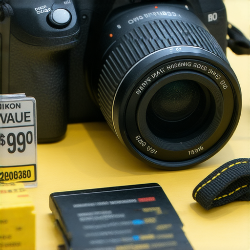 香港Nikon相機展示，包含超值價格標籤，旁邊擺放電池與鏡頭，強調專業保養秘訣，吸引攝影愛好者了解購買選擇。
