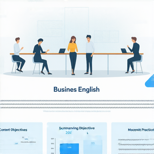 提升職場競爭力的商業英語課程與商務英語課程介紹，圖片展示課程內容概要、學習目標及學員互動情景，強調實用性與職場應用能力。
