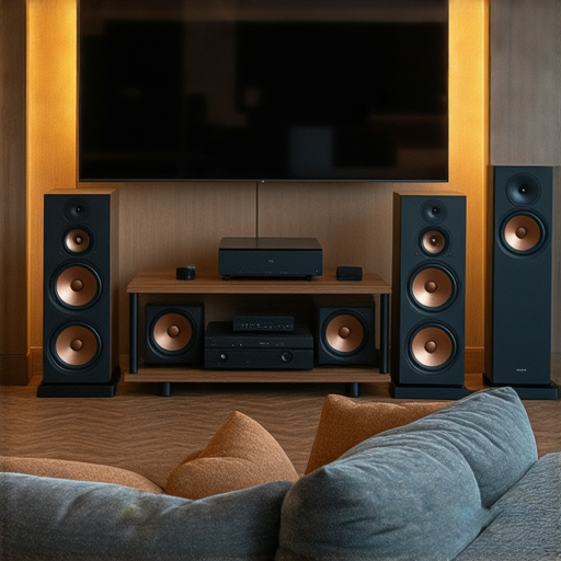 音響箱提升家庭娛樂音質體驗，顯示家庭影院環境中高品質音響裝置，音響箱散發精緻音效，讓觀影和聽音樂更為享受，增強家庭娛樂氛圍。