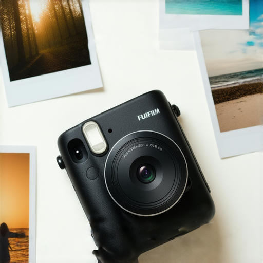 Fujifilm即影即有相機展示在明亮的桌面上，周圍擺放著五彩繽紛的照片，突顯其拍攝效果和即時分享的樂趣，展現攝影的魔法和創意。