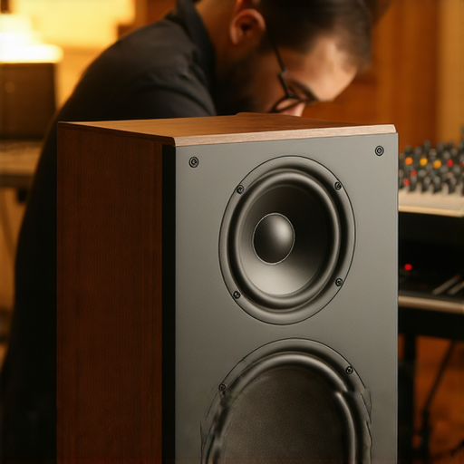 音響箱展示其精美設計與高品質材質，背景中顯示專業音響服務人員專注調試。探索音響箱隱藏的魅力，提升您的音樂體驗，讓聲音更生動。