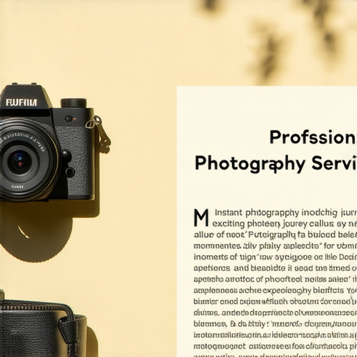 Fujifilm相機展示在陽光下，捕捉即影即有的魅力，旁邊有專業攝影服務的介紹，完美展現攝影之旅的精彩瞬間，吸引攝影愛好者探索新體驗。