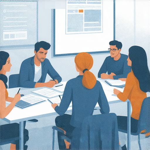 提升職場競爭力的商業英語課程與精進商務英語課程的學習場景，學員專注於互動討論，筆記與教學資料展示，強調職場英語能力的提升。