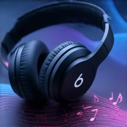 Beats耳機的近距離特寫，展示其精緻設計和音質性能，背景中音樂元素強調震撼耳朵的音樂體驗，吸引顧客探索我們的專業服務。