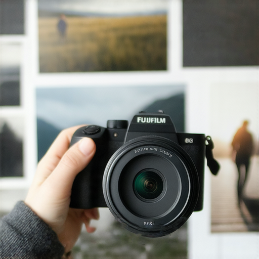 Fujifilm相機展示於攝影入門者手中，強調其簡潔設計、易用性和高畫質，背景為多樣攝影場景，呈現Fujifilm在攝影愛好者心中的理想地位。