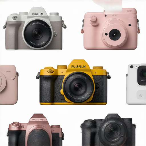 Fujifilm相機推薦的即影即有系列產品圖，展示多款相機的設計與特色，適合攝影入門者探索及選擇，包含各類拍攝模式與顏色選擇。