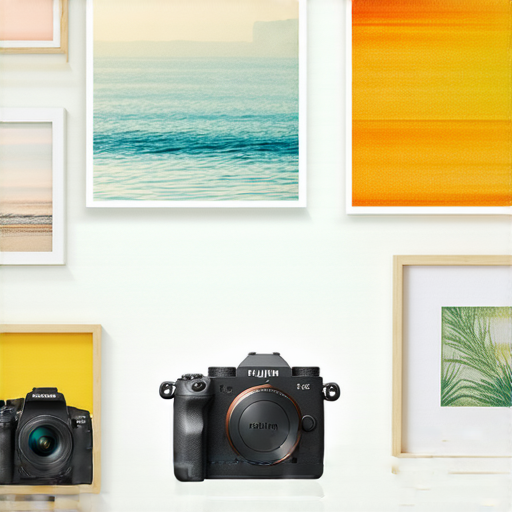 Fujifilm相機展示在明亮的攝影環境中，吸引攝影新手的注意，凸顯其易用性和專業性能，背景包含攝影器材和作品，傳遞輕鬆攝影的理念，升級創作體驗。