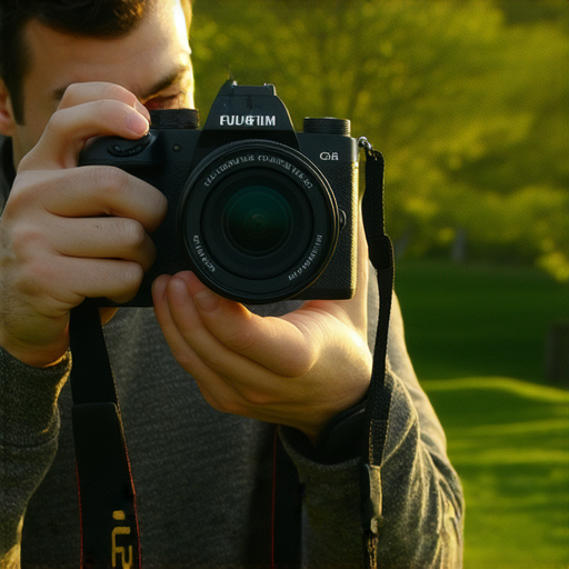 fujifilm相機展示在自然風光中，專業攝影師調整焦距，捕捉美好瞬間，突顯相機品牌及其出色性能，立即探索fujifilm相機推薦與專業服務。