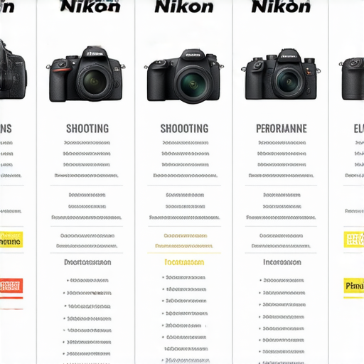 探索尼康相機系列展示不同型號與多樣化功能的比較圖表，精確呈現每款相機的設計特色、鏡頭特性、拍攝模式及其他性能指標，幫助攝影愛好者做出明智選擇。