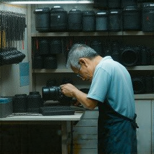 深水埗和旺角的相機維修店內景，技術人員專注維修數碼相機，展示各種維修工具和零件，學會維修技巧，讓您的相機重生，提升拍攝體驗。
