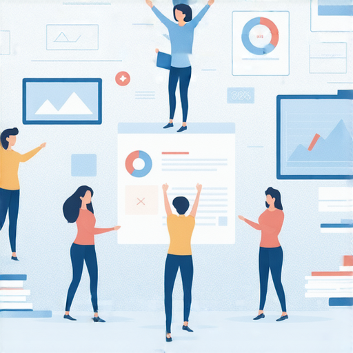 商業英語課程提升商業溝通能力的圖示，顯示學員參與互動學習，強調有效溝通在商業中的重要性，圍繞著課堂活動和實際應用場景，展現學習與成長過程。