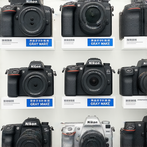 香港Nikon相機展示，包含不同型號與價格標籤，周圍環繞著專業保養和水貨資訊，幫助消費者了解最划算的購買地點。