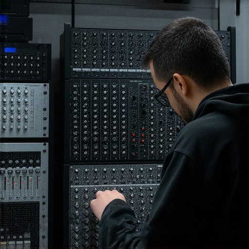 揭開音響箱的秘密，展示音響專業服務的技術人員正在調整設備，強調完美音質的探索與專業知識，背景為高品質音響設備。