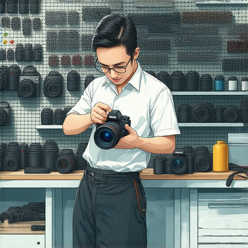相機維修專家在深水埗進行維修操作，展示多款相機零件及工具，背景為旺角的維修店，強調探索最佳服務與學習維修技巧，展現相機維修全攻略的主題。