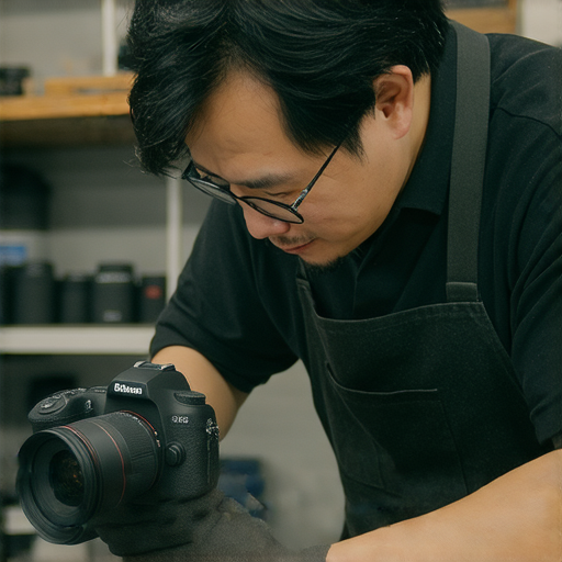 深水埗與旺角相機維修中心專業技術人員在檢查相機，提供高質量相機維修服務，幫助客戶提升影像質量，滿足攝影需求，展示專業可信形象。