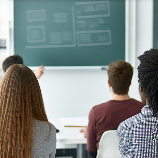 提升商業英語能力的場景圖，學生專注於上商務英語課程，教師在黑板前解說，教室環境專業，適合尋找合適商業英語課程的人士，強調學習的互動性與實用性。