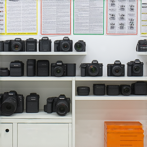 深水埗與旺角專業相機維修中心內部景觀，顯示SONY與CANON相機維修服務的工作台及工具，提供詳細維修價格的資訊海報，適合相機愛好者參考。